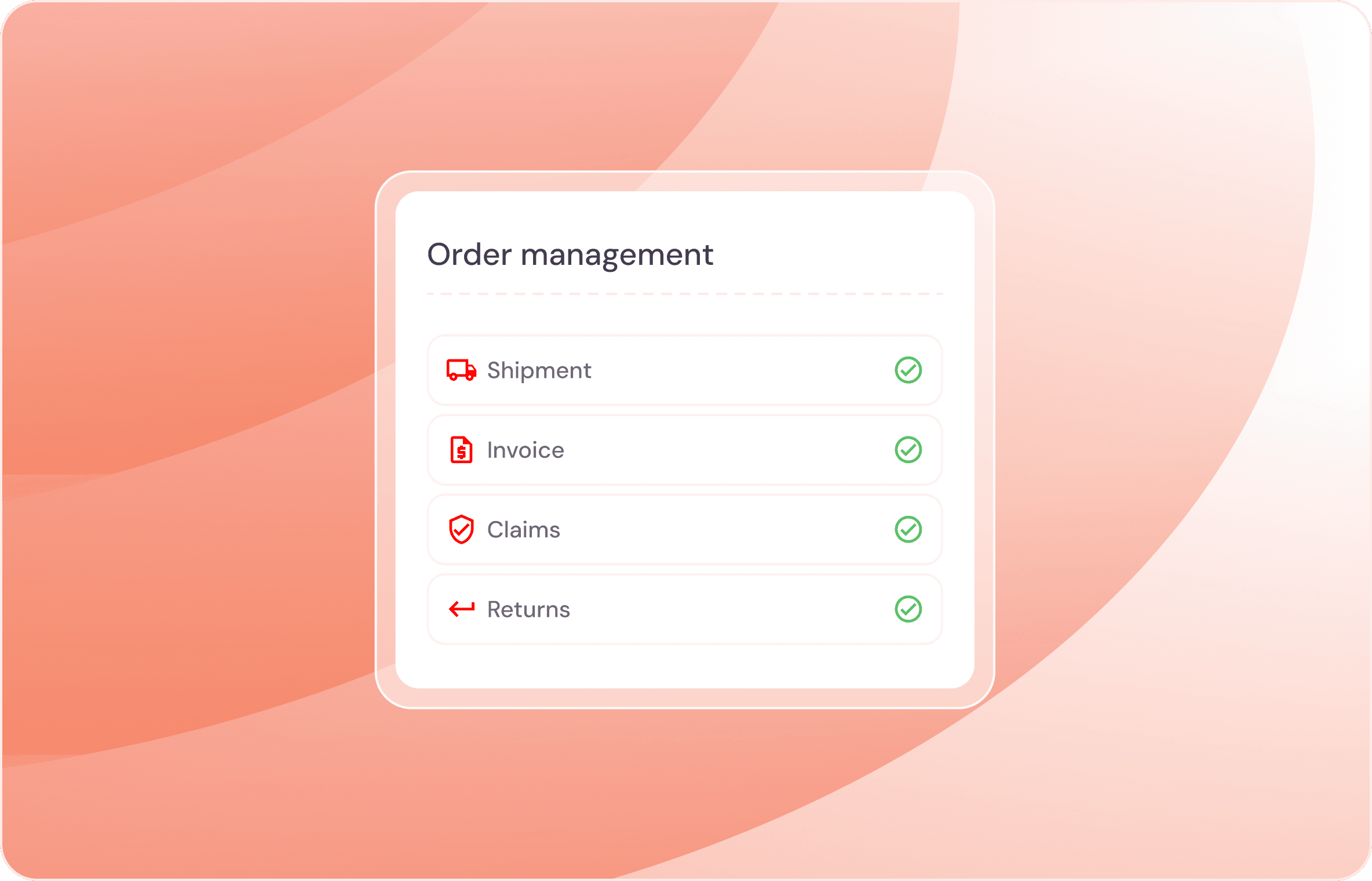 Order management card listing shipment, invoice, claims, and returns